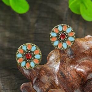 Retro Coral & Aqua Boho Floral Round Stud Earrings Vintage Vibe